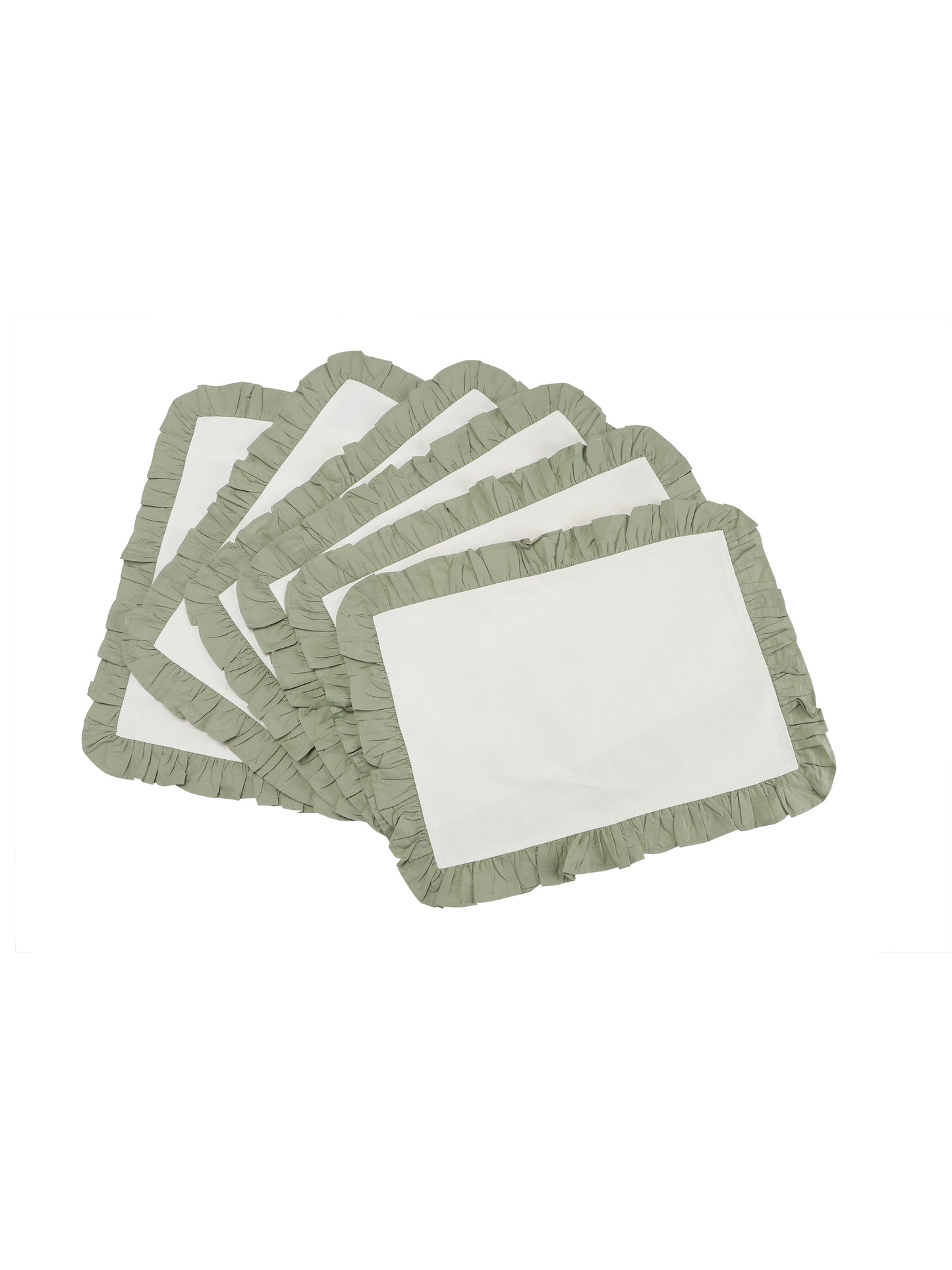 Heat Resistant Cotton Table Runner with 3 Layer Ruffles and Placmats Set | Table Runner (Pack of 7) 1 Runner and 6 Placemats- White/Olive