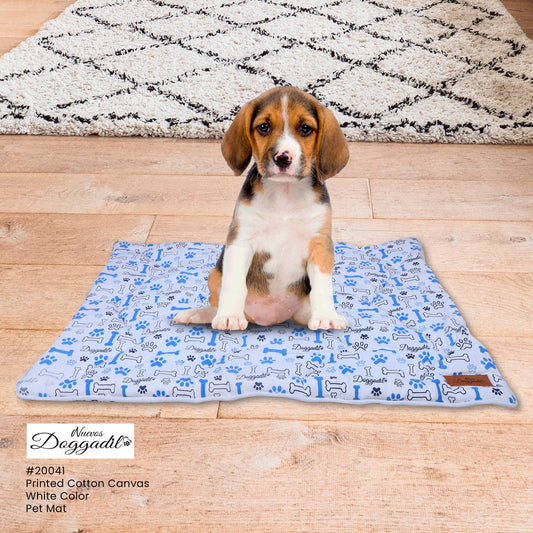 NUEVOS DOGGADIL Cotton Canvas Quilted Bone and Paw Print Rectangle Cat Dog Pet Bed Mattress| Foldable Pet Mat| Anti-Slip Machine Washable Pet Mats for Sleeping Relaxing, WHITE/ BLUE
