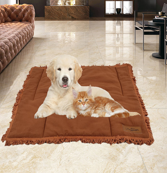 NUEVOS DOGGADIL Mauve Cotton Canvas Quilted Rectangle Pet Bed Mattress | Washable Padded Pet Bed with Lace Border| Light Weighted Dog Flat Mat Rust_ Blue