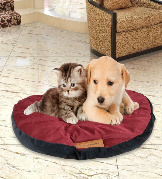 Velvet Pet Bed Mattress | Soft Cozy Fluffy Round Flat Bed | Washable Padded Pet Bed| Light Weighted Dog Flat Mat Maroon/Black