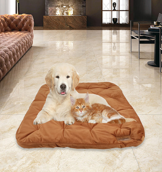Velvet Pet Bed Mattress | Soft Cozy Fluffy Square Flat Bed | Washable Padded Pet Bed| Light Weighted Dog Flat Mat Rust