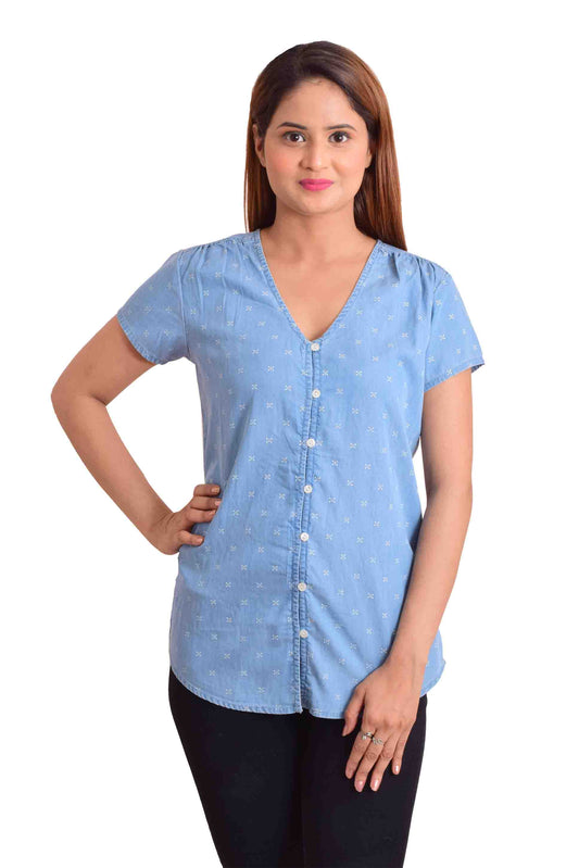 NUEVOSDAMAS Women Denim Solid Blue Western Top