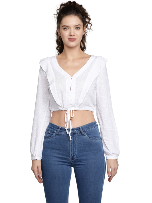 Casual Balloon Sleeve Solid Women White Top