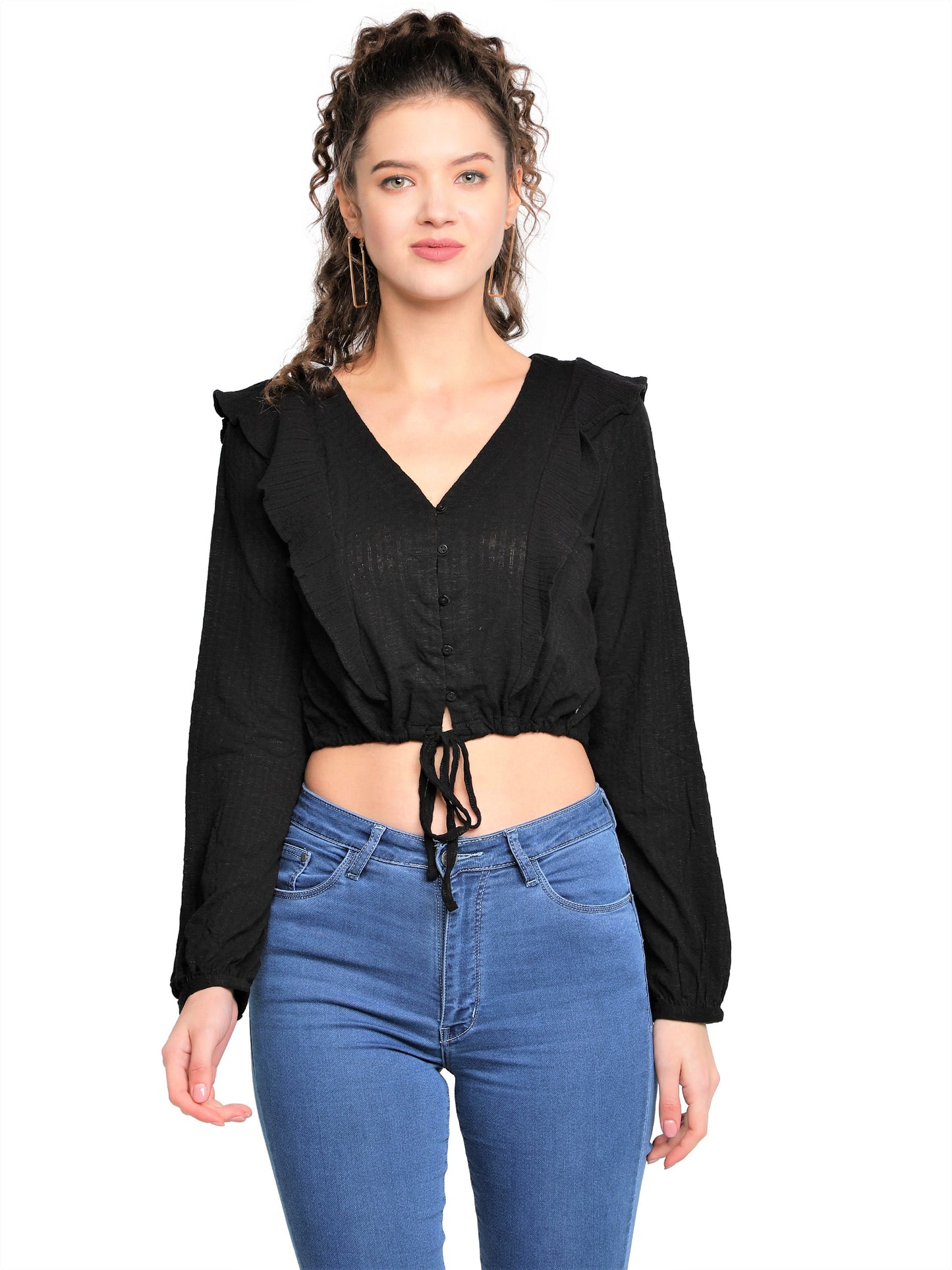 Casual Balloon Sleeve Solid Women Black Top