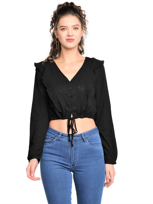 Casual Balloon Sleeve Solid Women Black Top