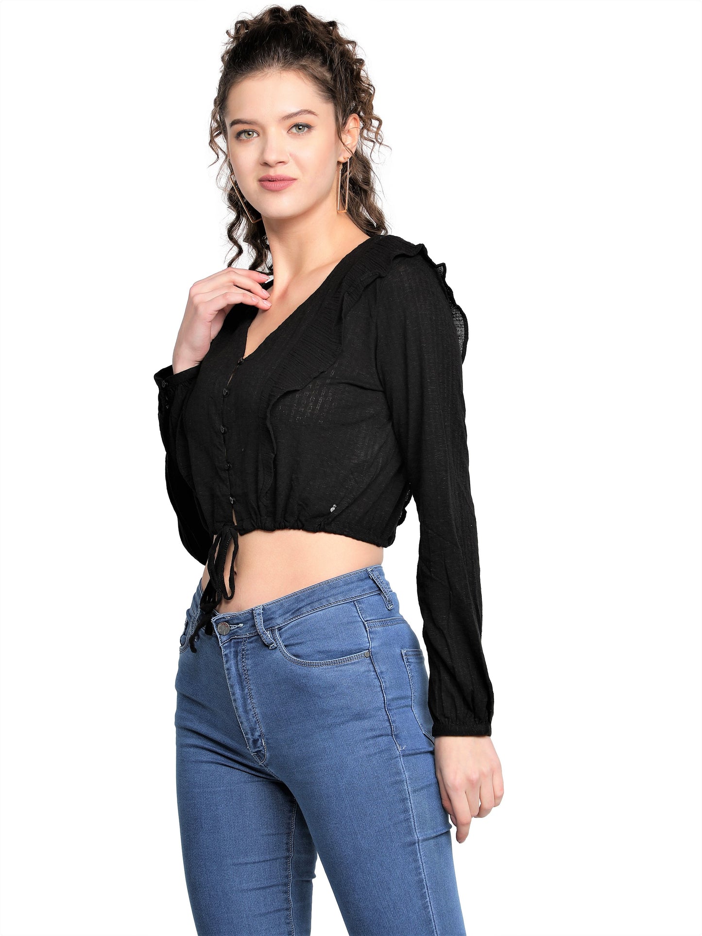 Casual Balloon Sleeve Solid Women Black Top