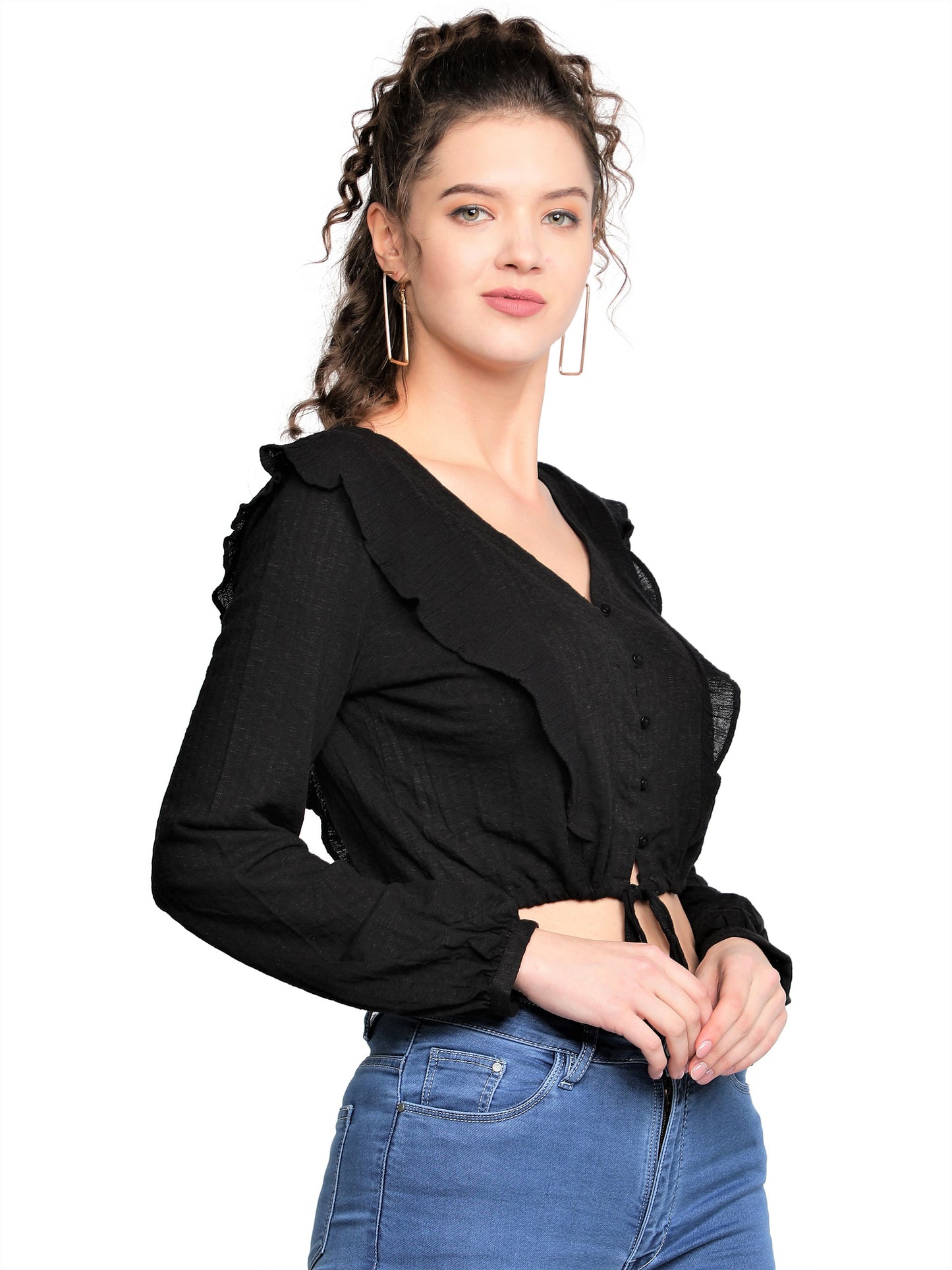 Casual Balloon Sleeve Solid Women Black Top