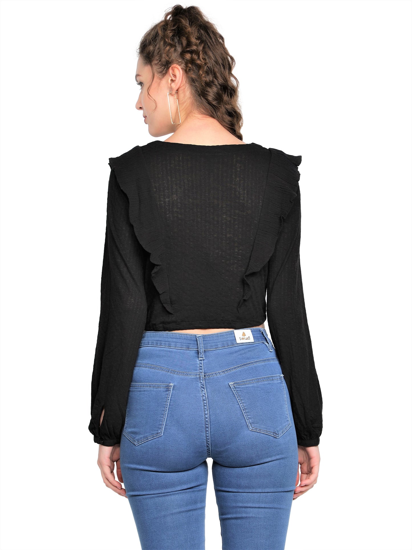 Casual Balloon Sleeve Solid Women Black Top