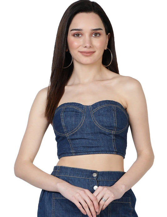 NUEVOSDAMAS Women Western Cotton Denim Bustier Vest Crop Top (Blue)