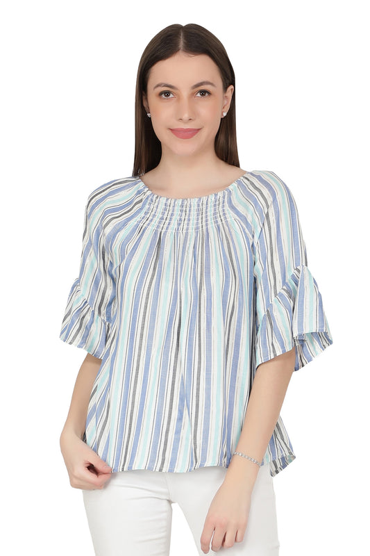 NUEVOSDAMAS Women Western Rayon Multi Stripe Top (Light Blue)