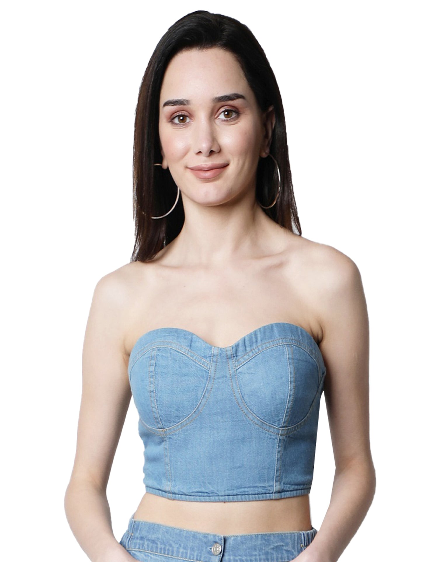 NUEVOSDAMAS Women Western Cotton Denim Bustier Vest Crop Light Blue Top