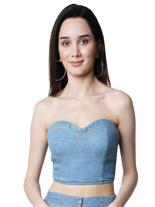 NUEVOSDAMAS Women Western Cotton Denim Bustier Vest Crop Light Blue Top