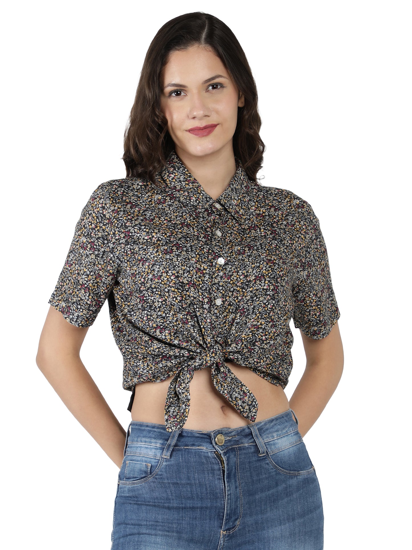NUEVOSDAMAS Women Cotton Dobby Floral Printed Knotted Black Shirt