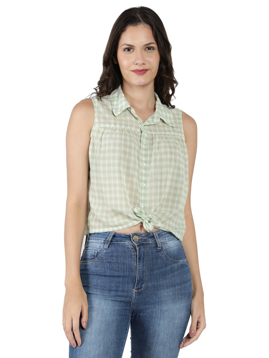 NUEVOSDAMAS Women Cotton Dobby Floral Printed Knotted Green Shirt