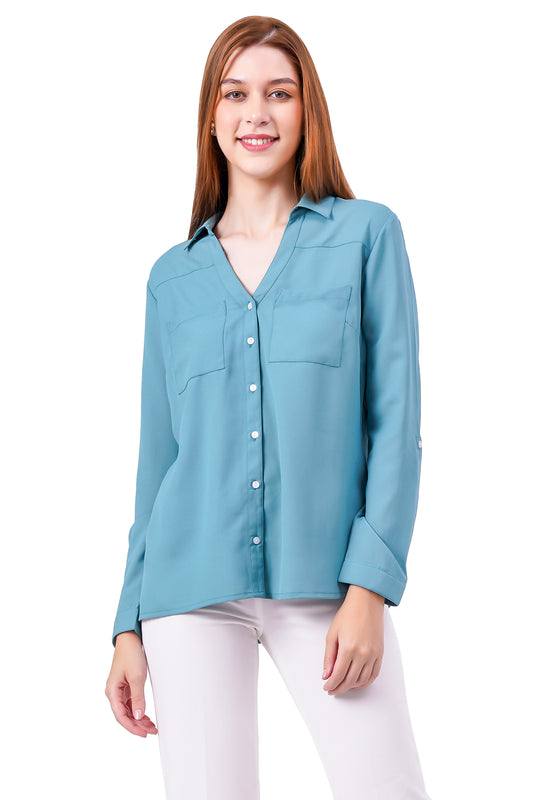 NUEVOSDAMAS Solid Turquoise Casual/Formal Women Full Sleeve Shirt