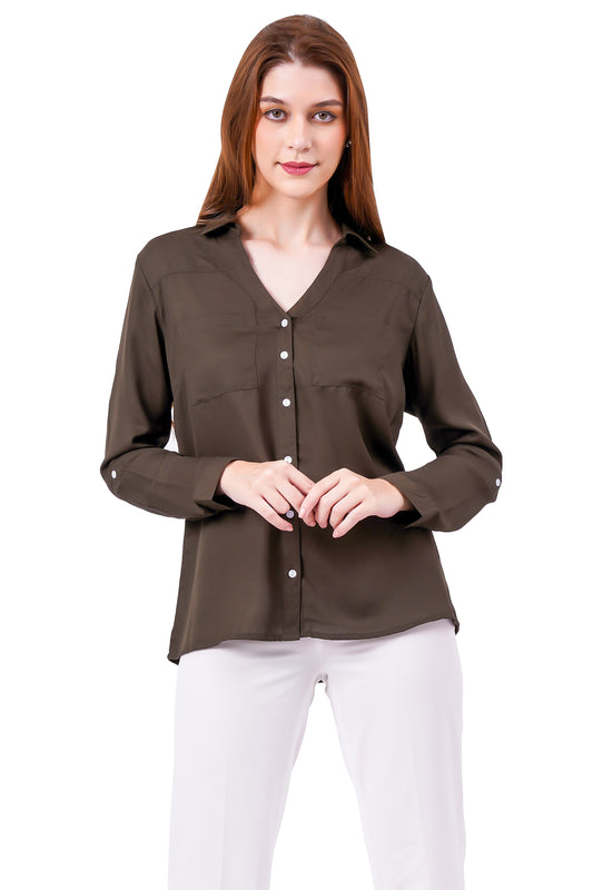 NUEVOSDAMAS Solid Olive Green Casual/Formal Women Full Sleeve Shirt