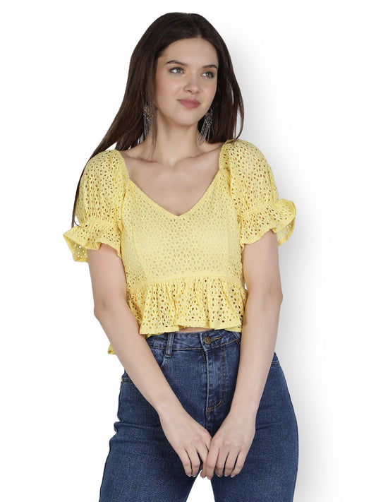NUEVOSDAMAS Women Cotton Schiffly Solid Yellow Peplum Top with Puff Sleeve