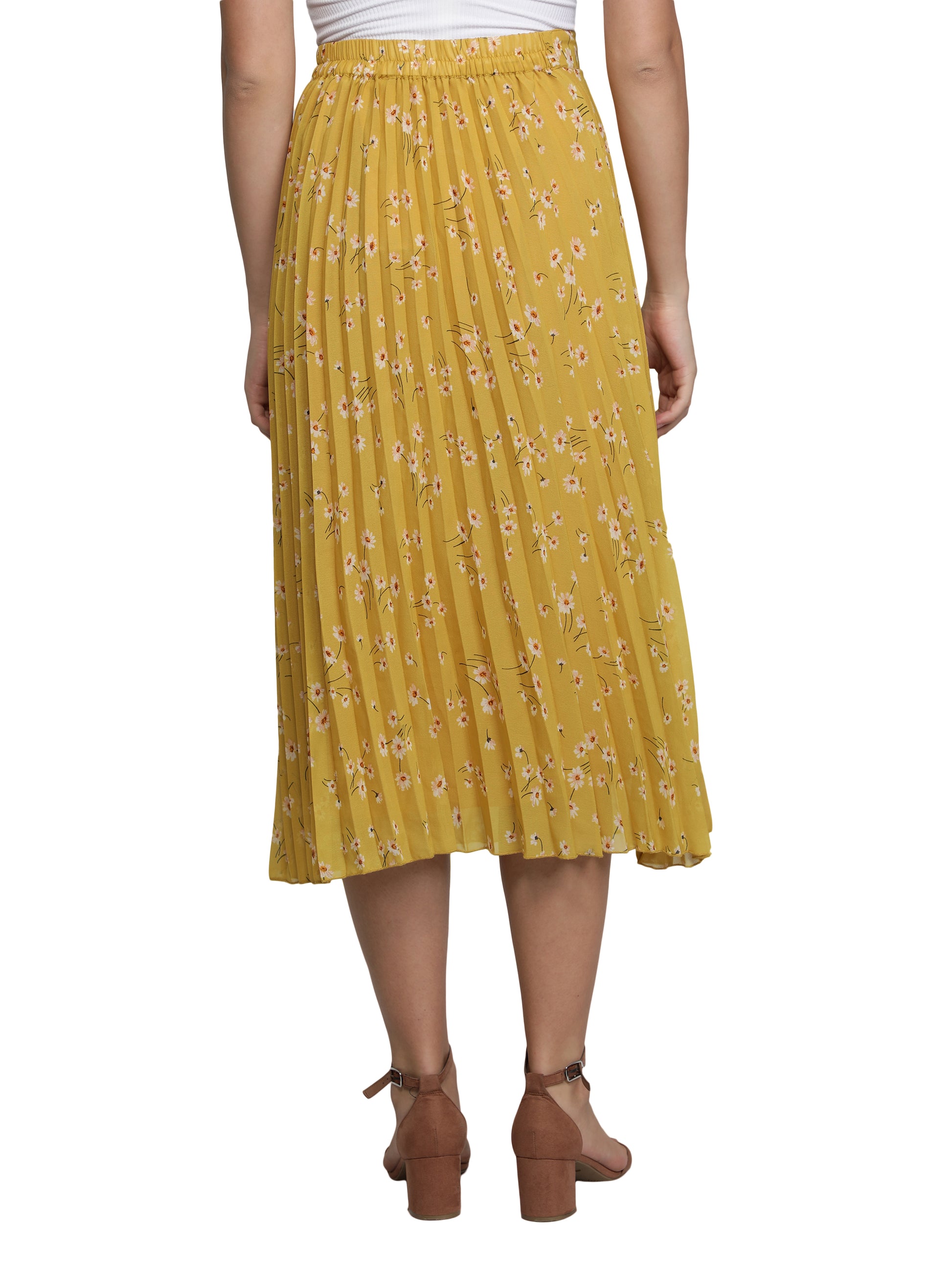 Women Floral Print Pleated Yellow Skirt freeshipping - NUEVOSDAMAS