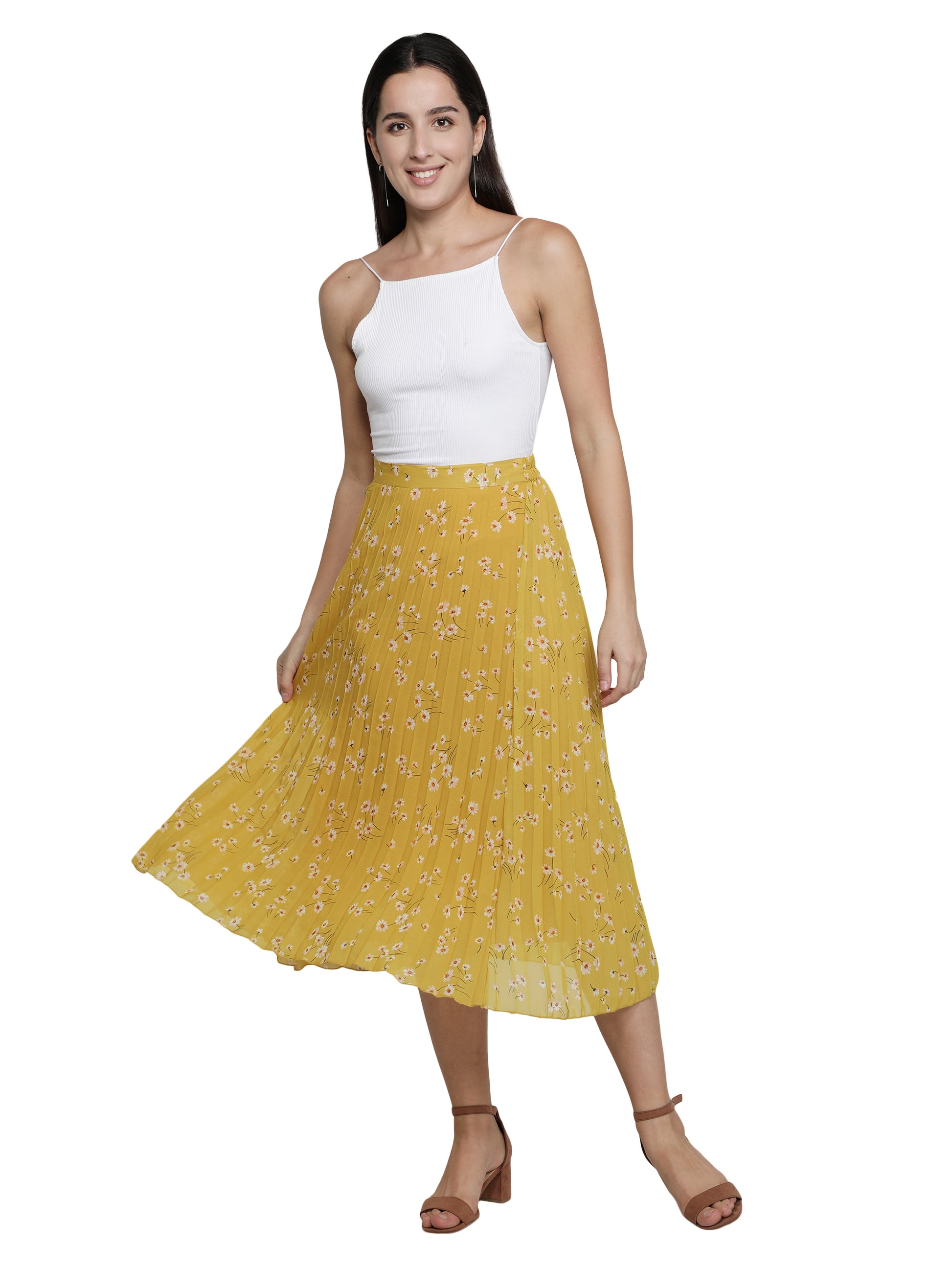 Women Floral Print Pleated Yellow Skirt freeshipping - NUEVOSDAMAS