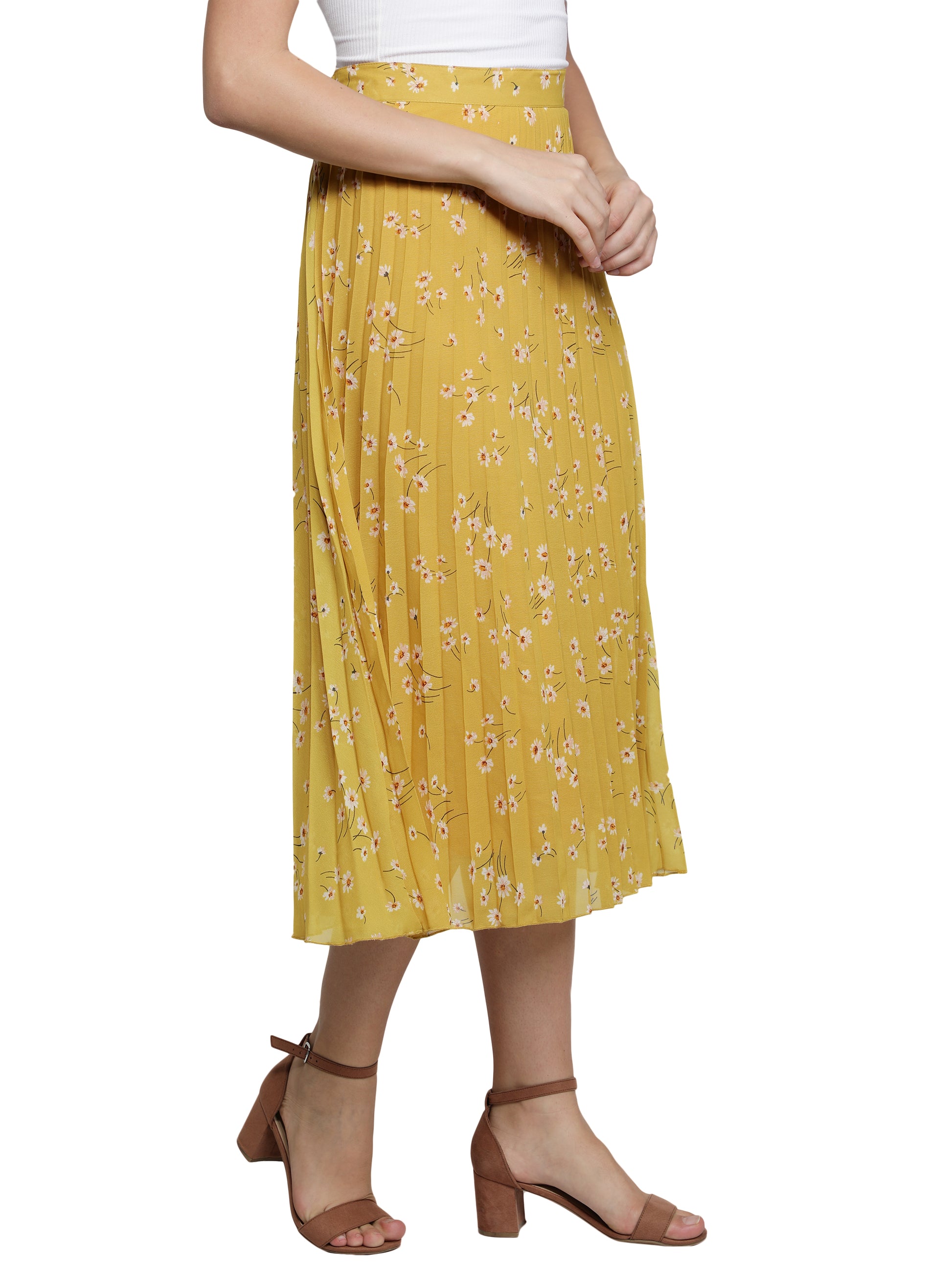 Women Floral Print Pleated Yellow Skirt freeshipping - NUEVOSDAMAS