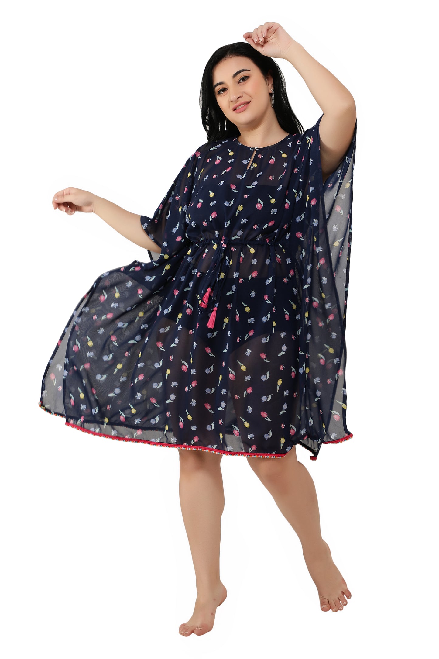 NUEVOSDAMAS Women Georgette Printed Dark Blue Kaftan