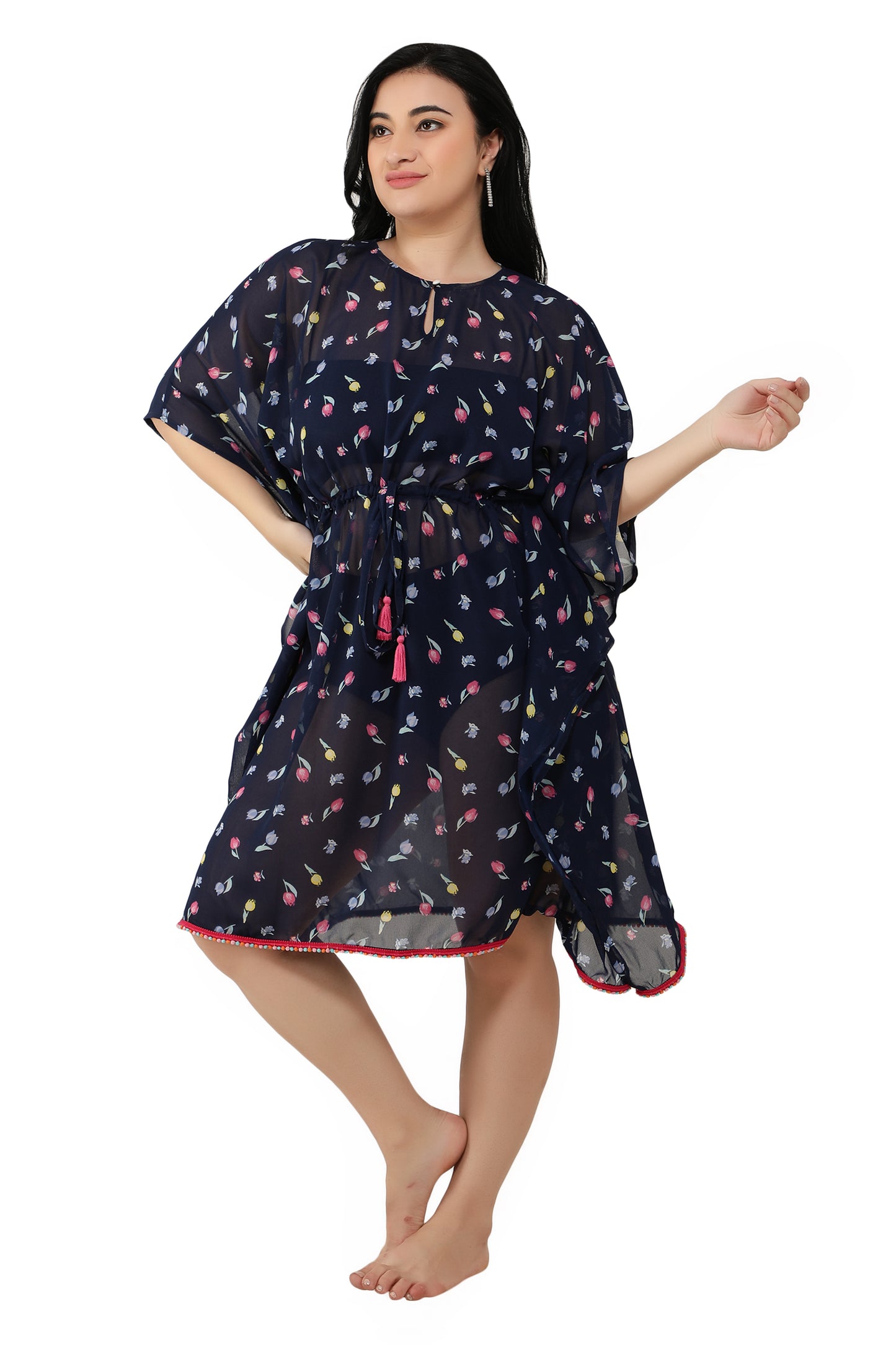 NUEVOSDAMAS Women Georgette Printed Dark Blue Kaftan