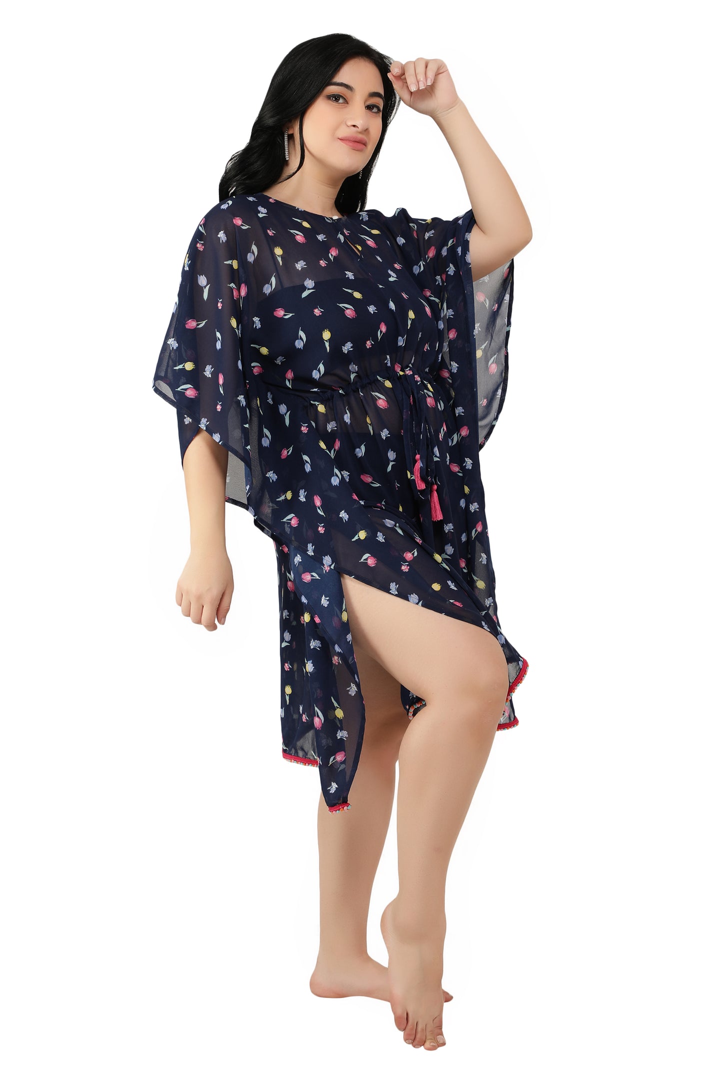 NUEVOSDAMAS Women Georgette Printed Dark Blue Kaftan