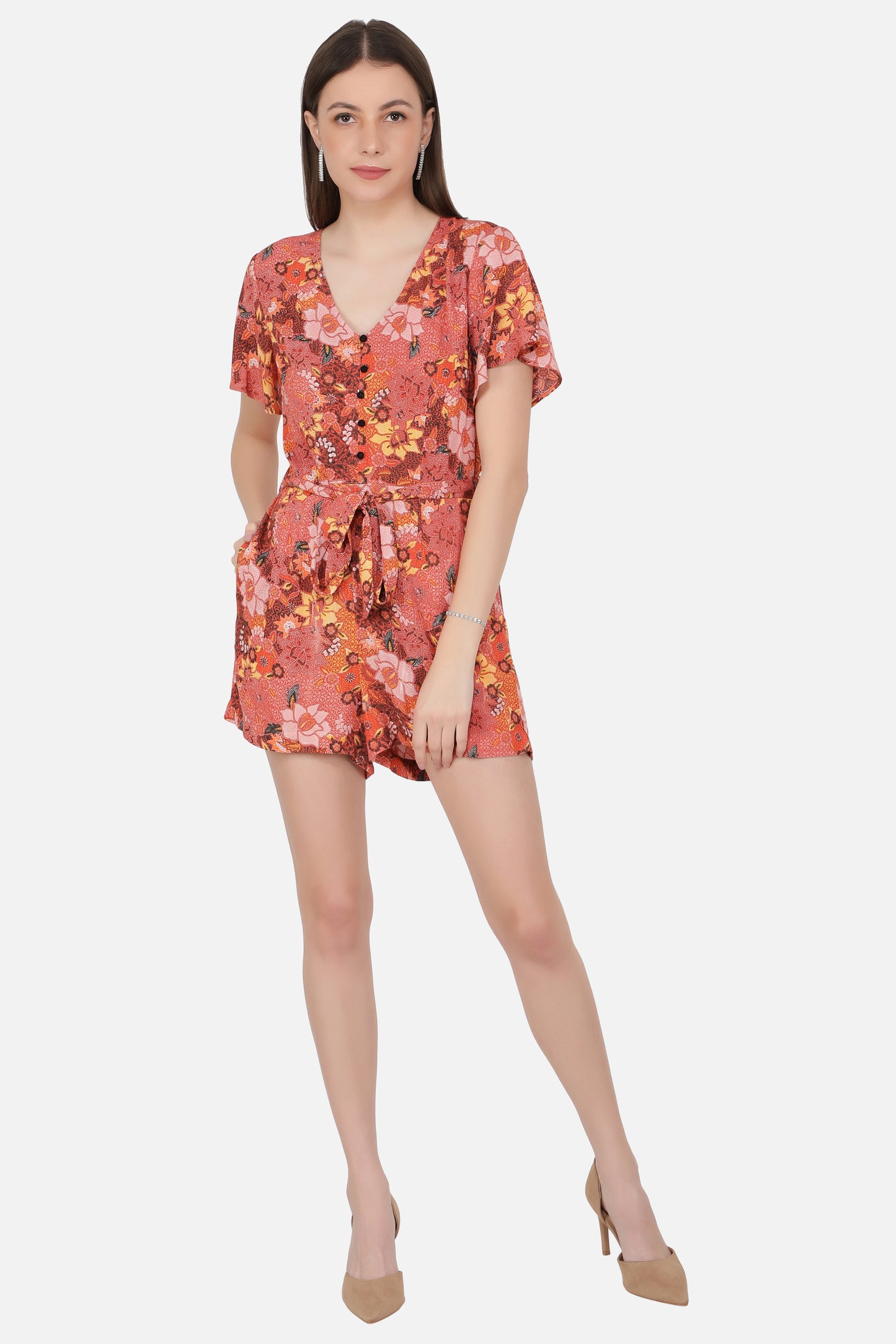NUEVOSDAMAS Women's Summer V Neck Jumpsuits Casual half Sleeves Romper Button Up Front Tie Knot Floral Printed Short Jumpsuit Rompers Playsuits
