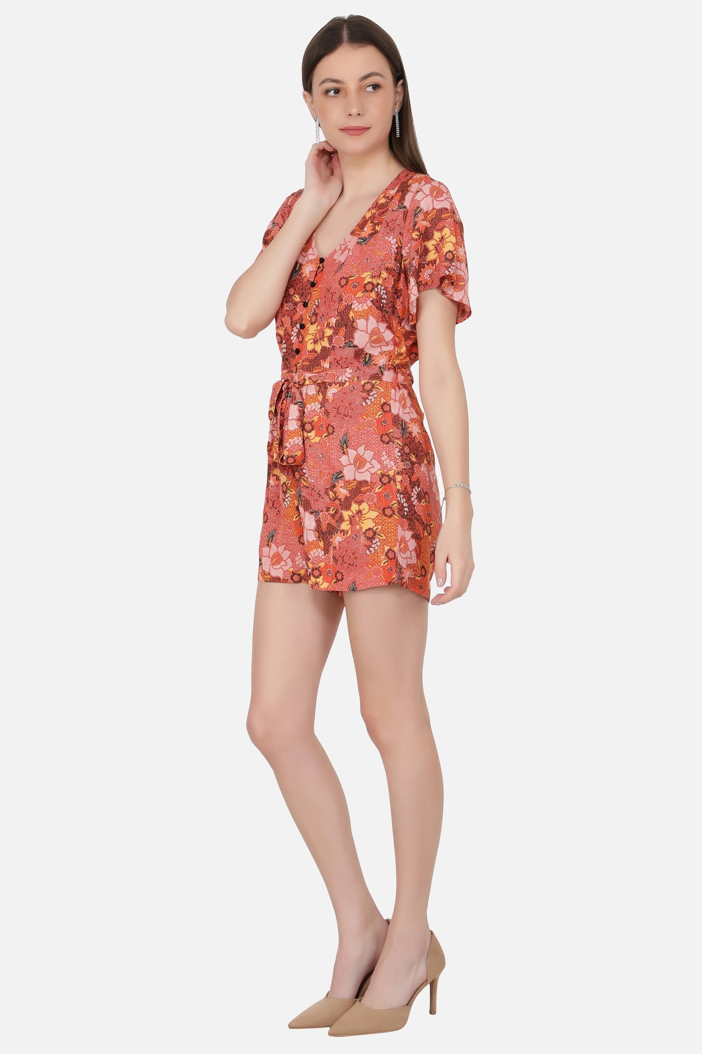 NUEVOSDAMAS Women's Summer V Neck Jumpsuits Casual half Sleeves Romper Button Up Front Tie Knot Floral Printed Short Jumpsuit Rompers Playsuits