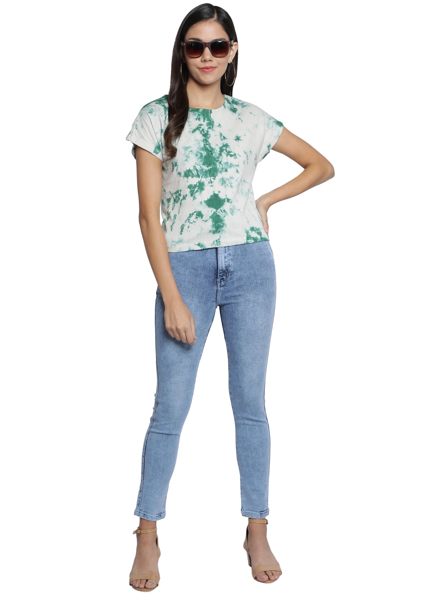 NUEVOSDAMAS Cotton Jersey Round Neck Half Sleeve Casual Green Top