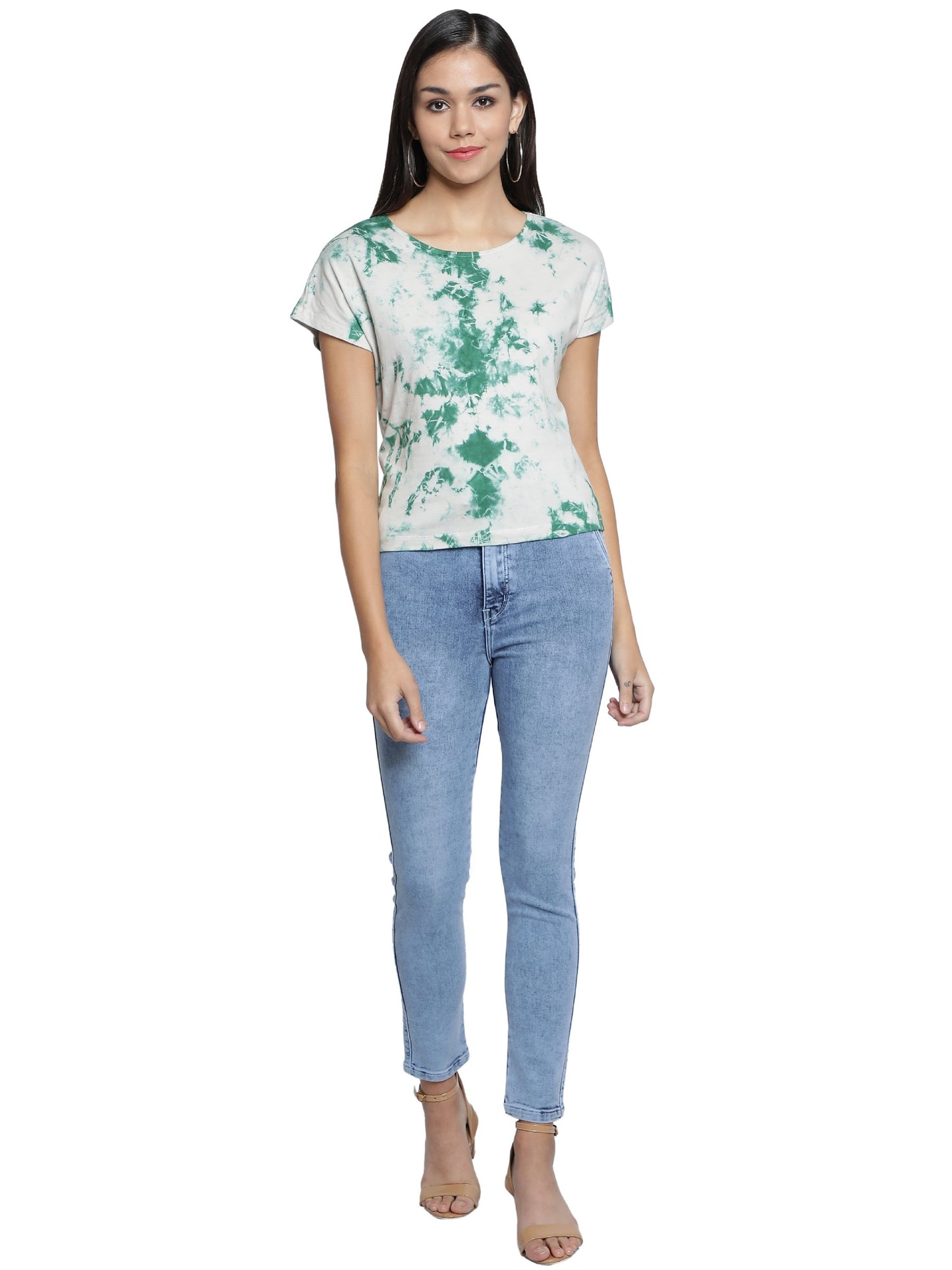 NUEVOSDAMAS Cotton Jersey Round Neck Half Sleeve Casual Green Top