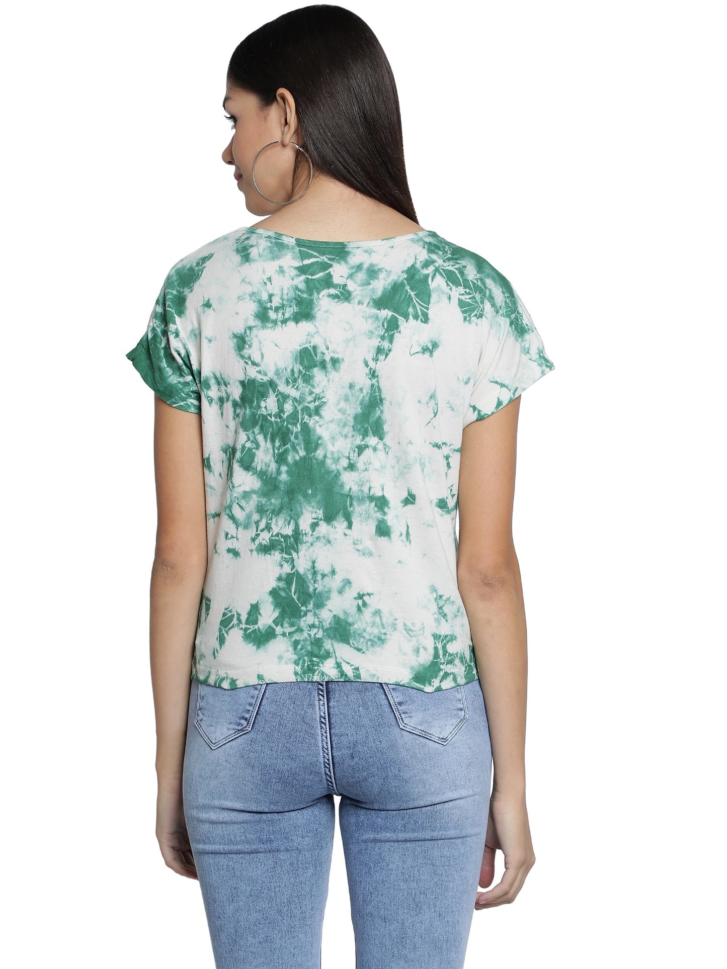 NUEVOSDAMAS Cotton Jersey Round Neck Half Sleeve Casual Green Top