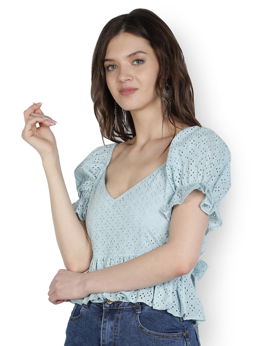 NUEVOSDAMAS Women Cotton Schiffly Solid Sea Blue Peplum Top with Puff Sleeve
