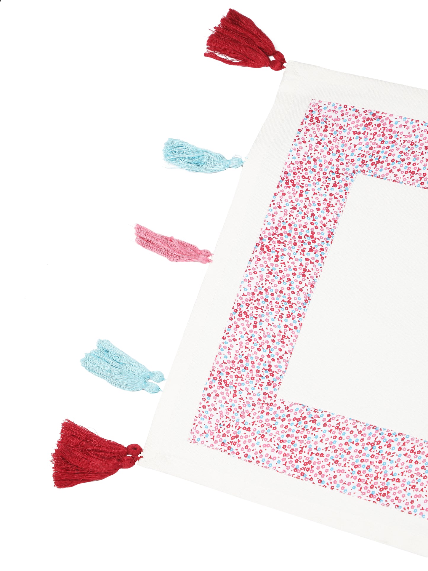 NUEVOSGHAR Printed Patch Work Table Runner With Tassles And Placemats -7 Pcs Set_Multi/Ivory