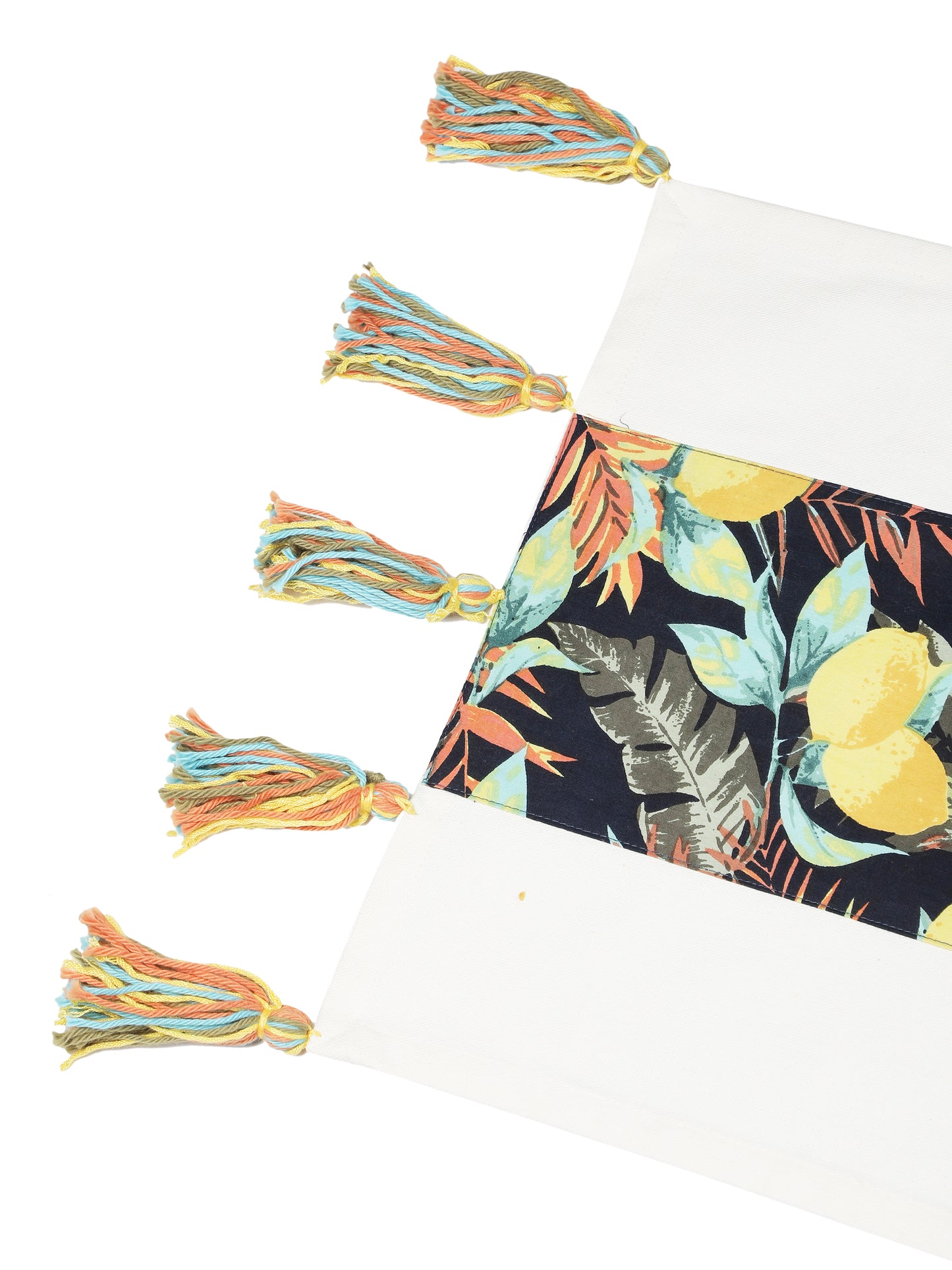 NUEVOSGHAR Printed Patch Work Table Runner with Tassles and Placemats -7 Pcs Set_Multi/Ivory