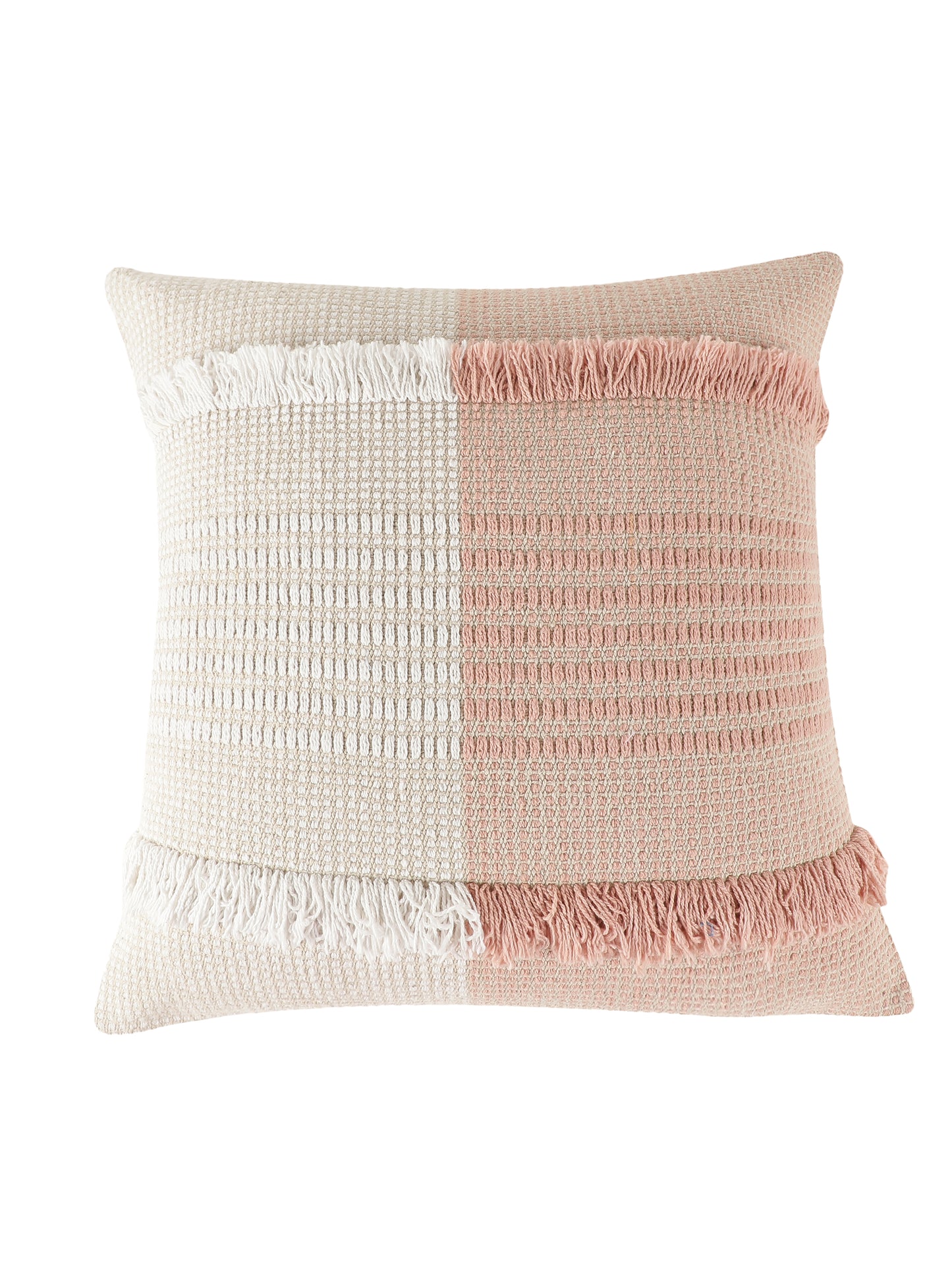 Cotton Jacquard Horizontal Band Tuffted Cushion Cover (set of 2) | Tufted Boho Shaggy Square Cushion Cover For Sofa, Bed, Office | Decorative Handmade Cushion Cover | 18x18 Inch | White/ Peach