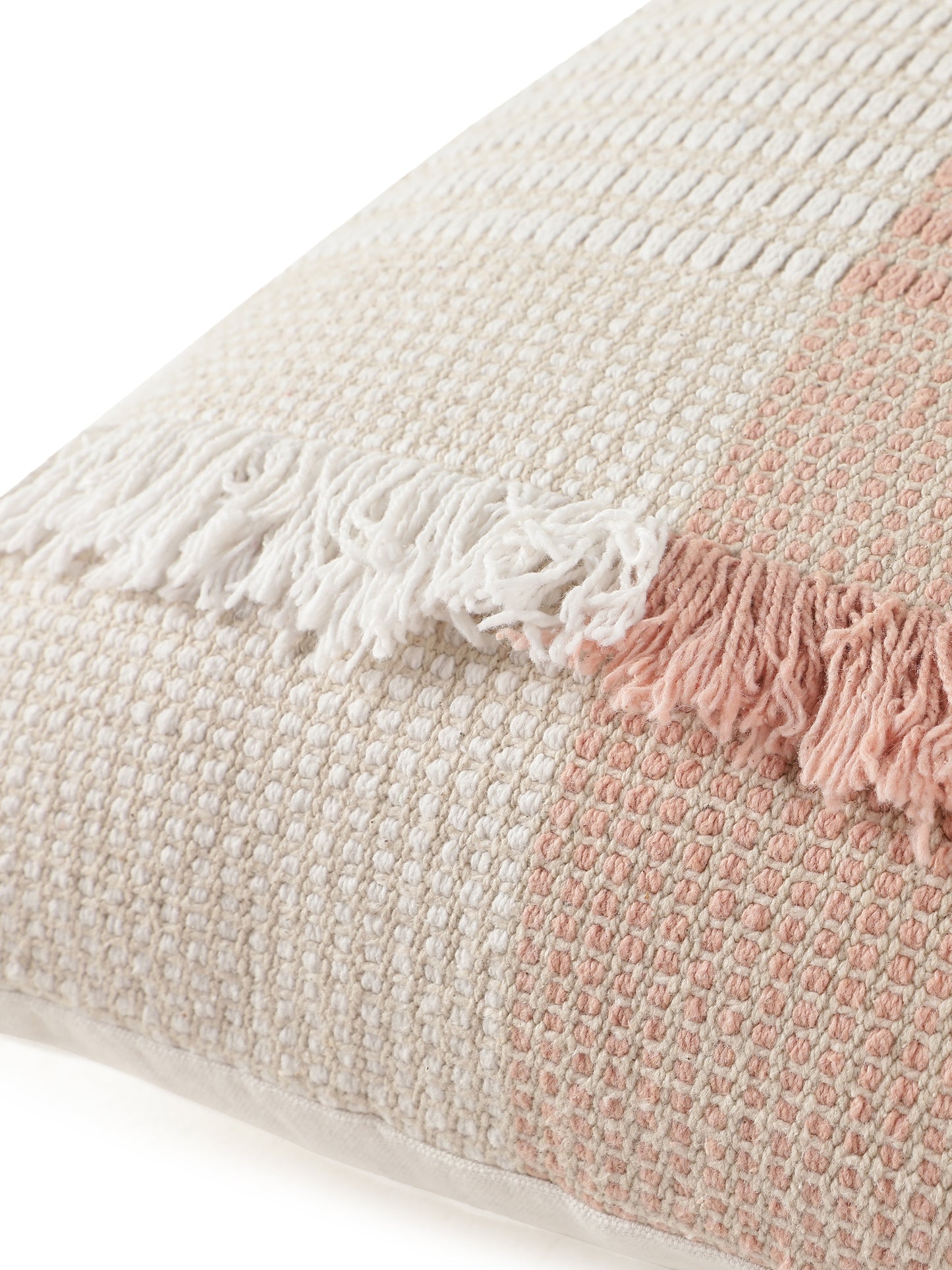 Cotton Jacquard Horizontal Band Tuffted Cushion Cover (set of 2) | Tufted Boho Shaggy Square Cushion Cover For Sofa, Bed, Office | Decorative Handmade Cushion Cover | 18x18 Inch | White/ Peach