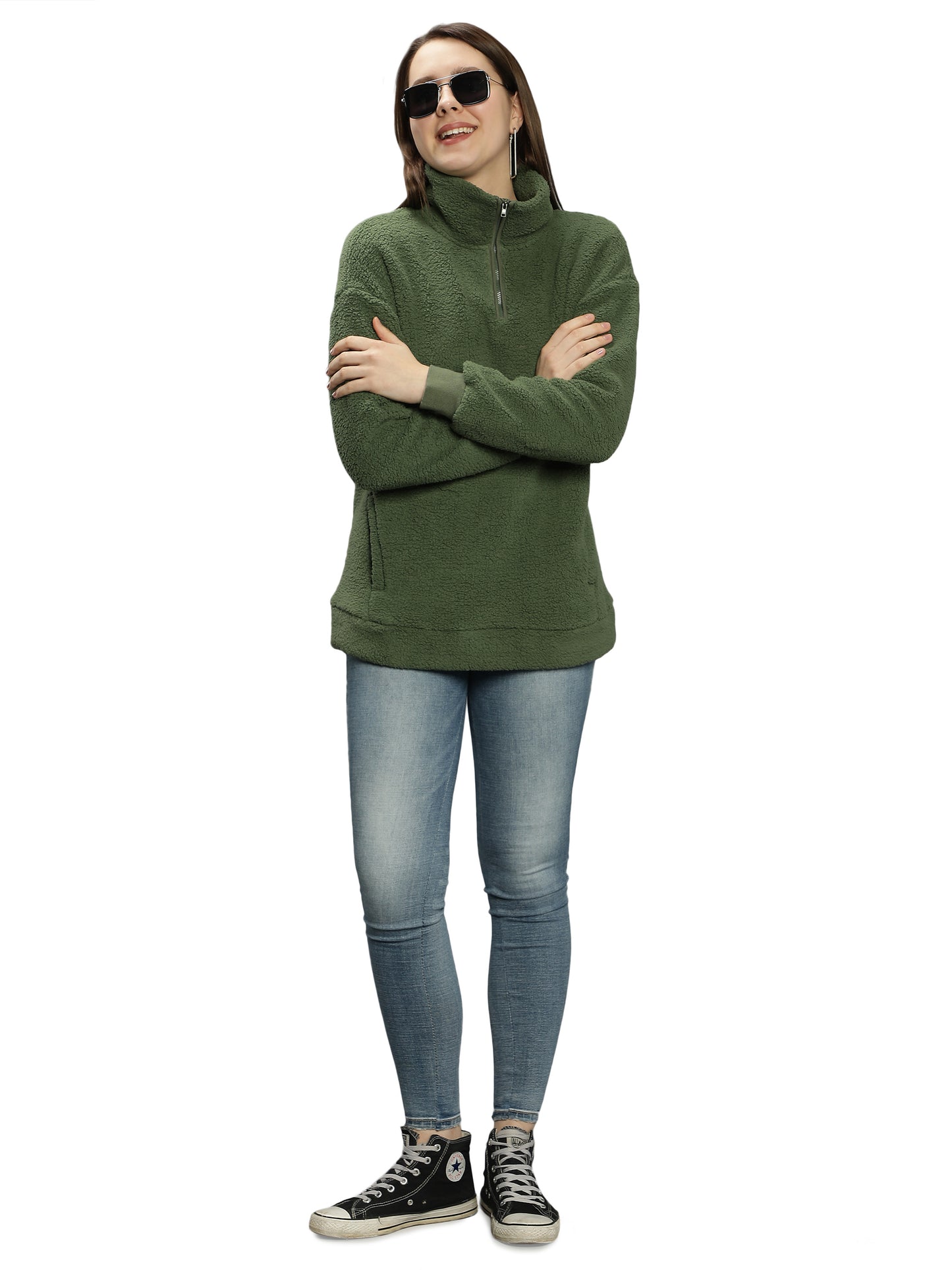 NUEVOSDAMAS Solid Olive Color Winter Sherpa Fur Sweatshirt