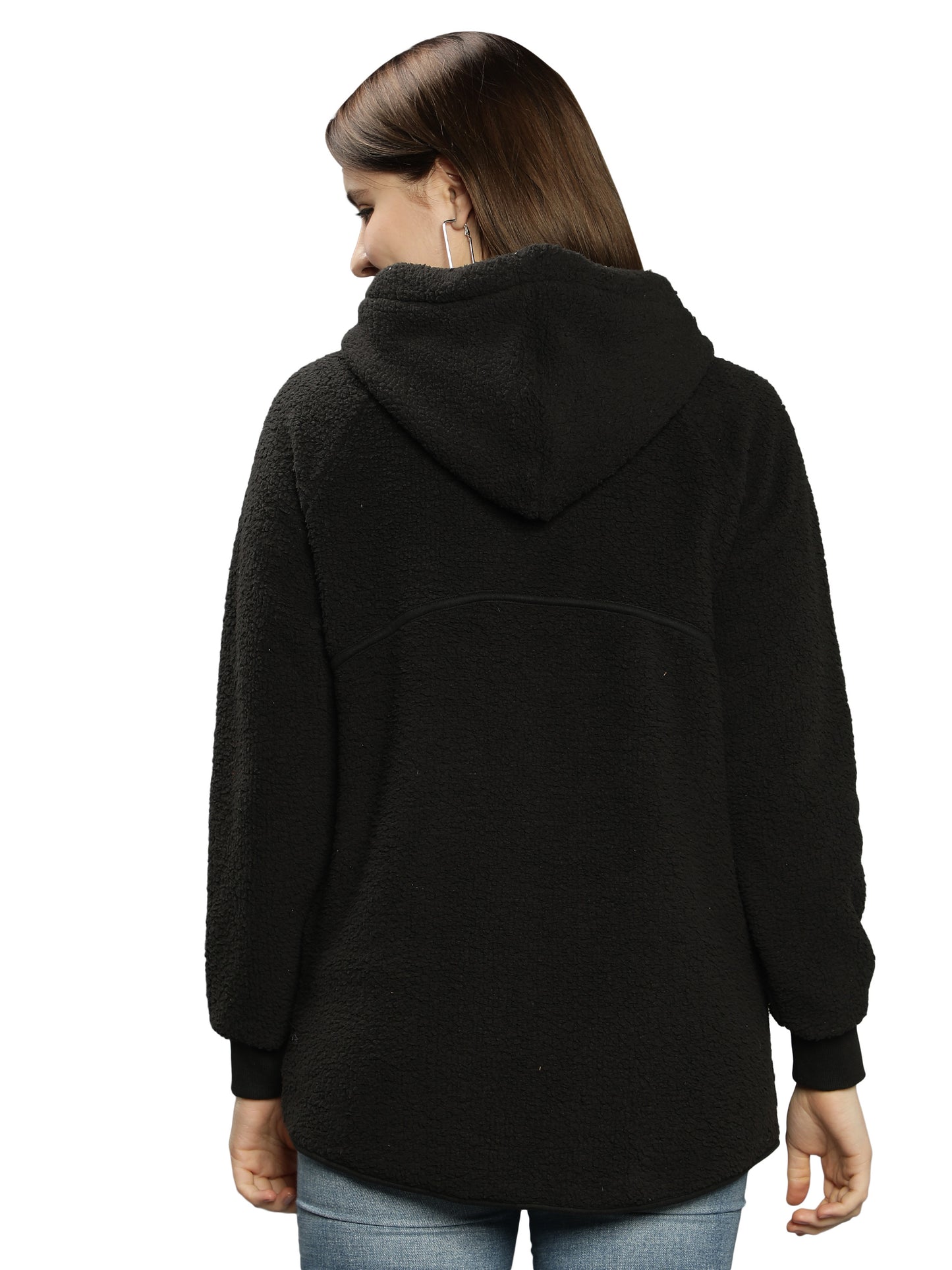 NUEVOSDAMAS Solid Black Color Winter Sherpa Fur Hooded Jacket with Front Zipper Closer