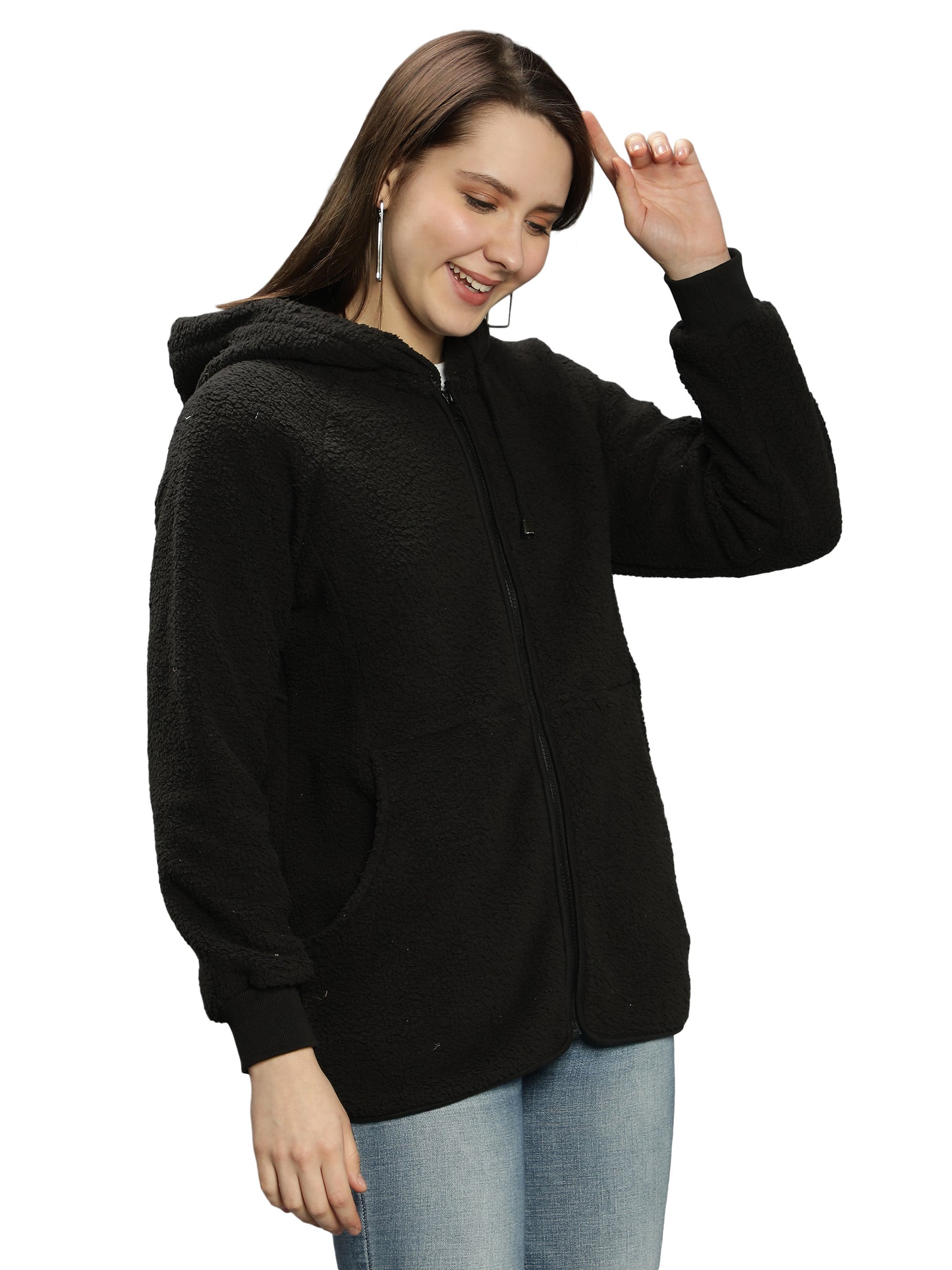 NUEVOSDAMAS Solid Black Color Winter Sherpa Fur Hooded Jacket with Front Zipper Closer