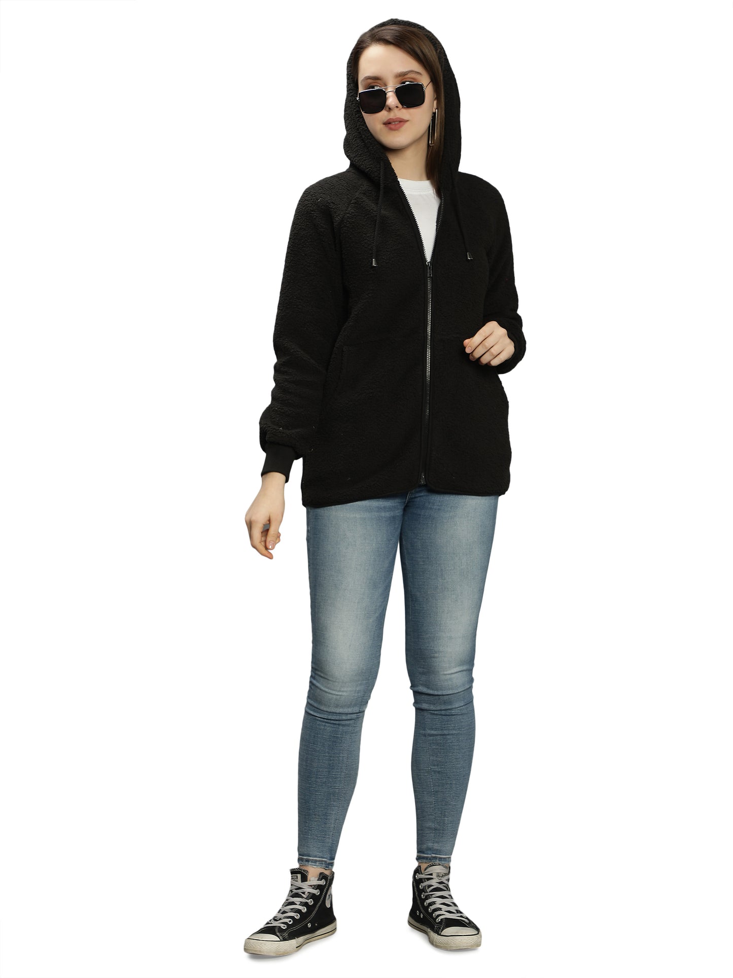 NUEVOSDAMAS Solid Black Color Winter Sherpa Fur Hooded Jacket with Front Zipper Closer