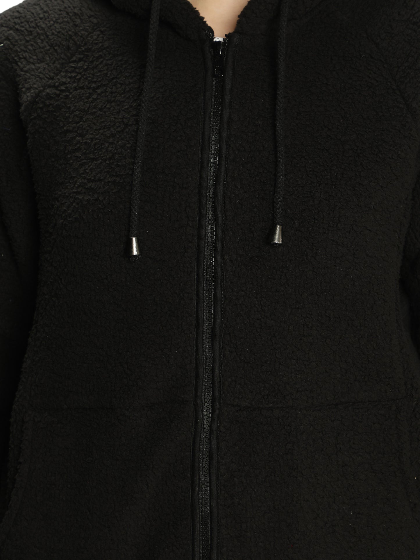 NUEVOSDAMAS Solid Black Color Winter Sherpa Fur Hooded Jacket with Front Zipper Closer