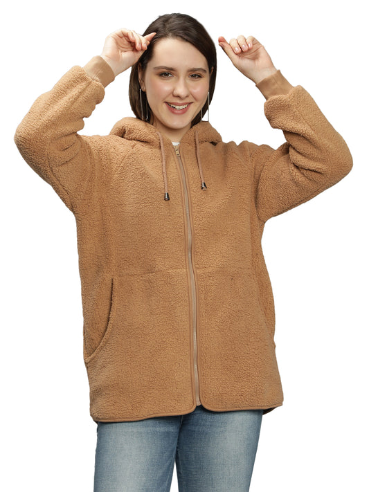 NUEVOSDAMAS Solid Beige Color Winter Sherpa Fur Hooded Jacket with Front Zipper Closer