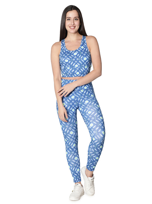 NUEVOSDAMAS Shibori Printed Women Active WearTracksuit | Gym Wear Padded Top And Bottom Set | Dry Fit Women Active Wear Combo Set_Blue