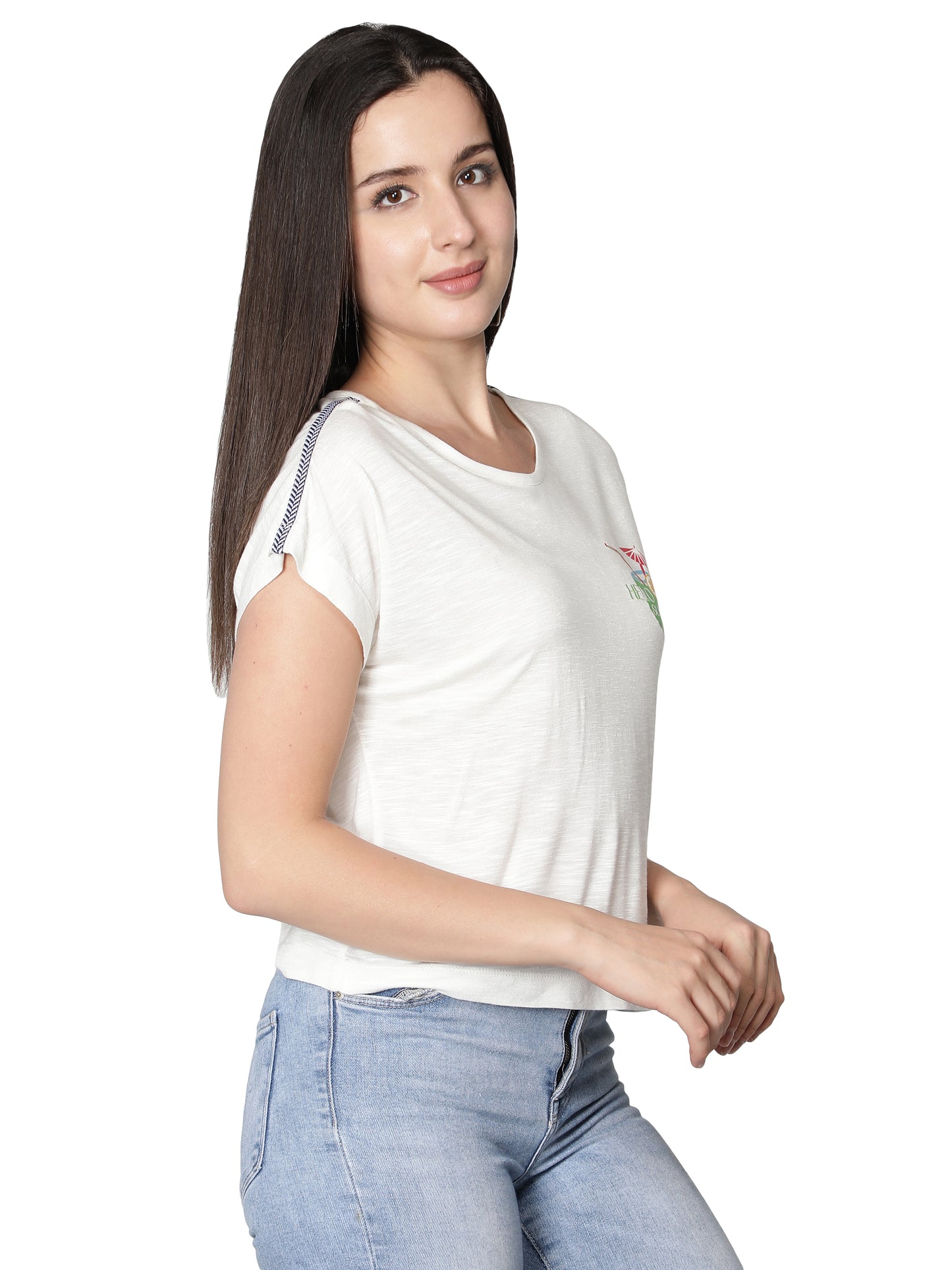 NUEVOSDAMAS Women Rayon Printed White T-Shirt/Top