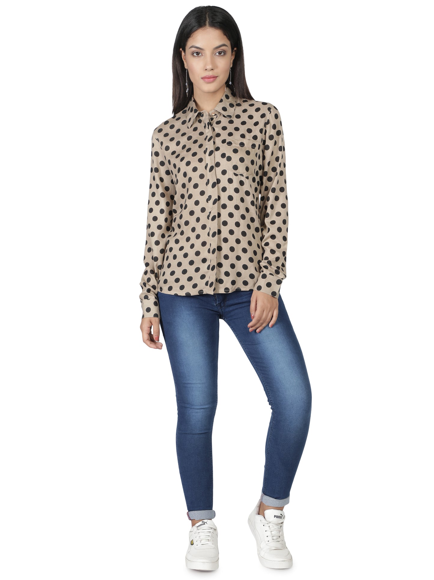 NUEVOSDAMAS Women Rayon Polka Printed Beige Shirt/Top