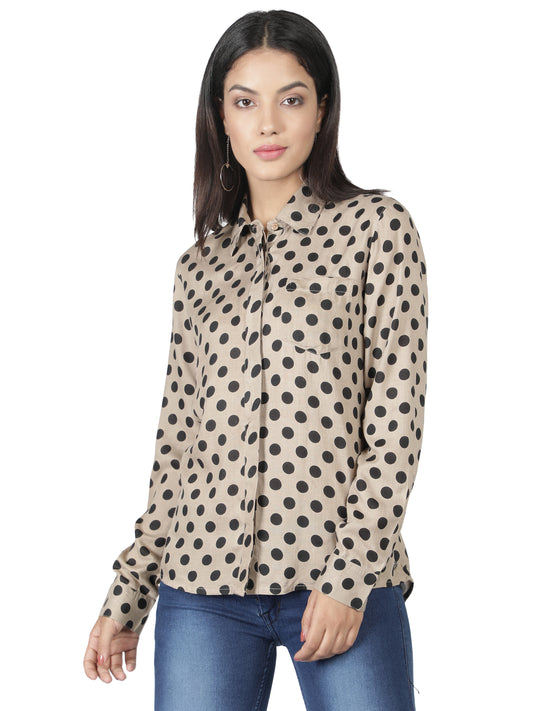 NUEVOSDAMAS Women Rayon Polka Printed Beige Shirt/Top