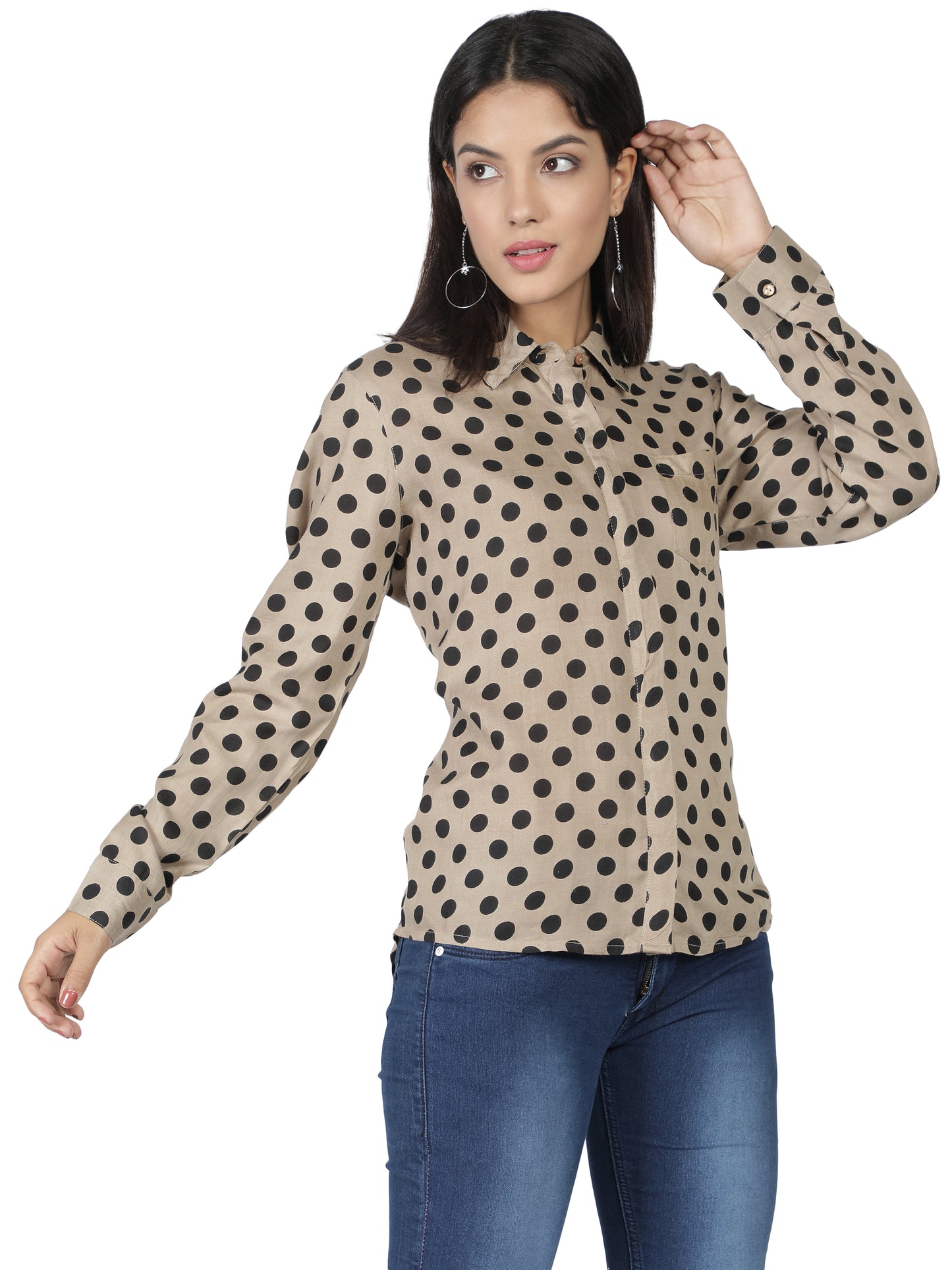 NUEVOSDAMAS Women Rayon Polka Printed Beige Shirt/Top