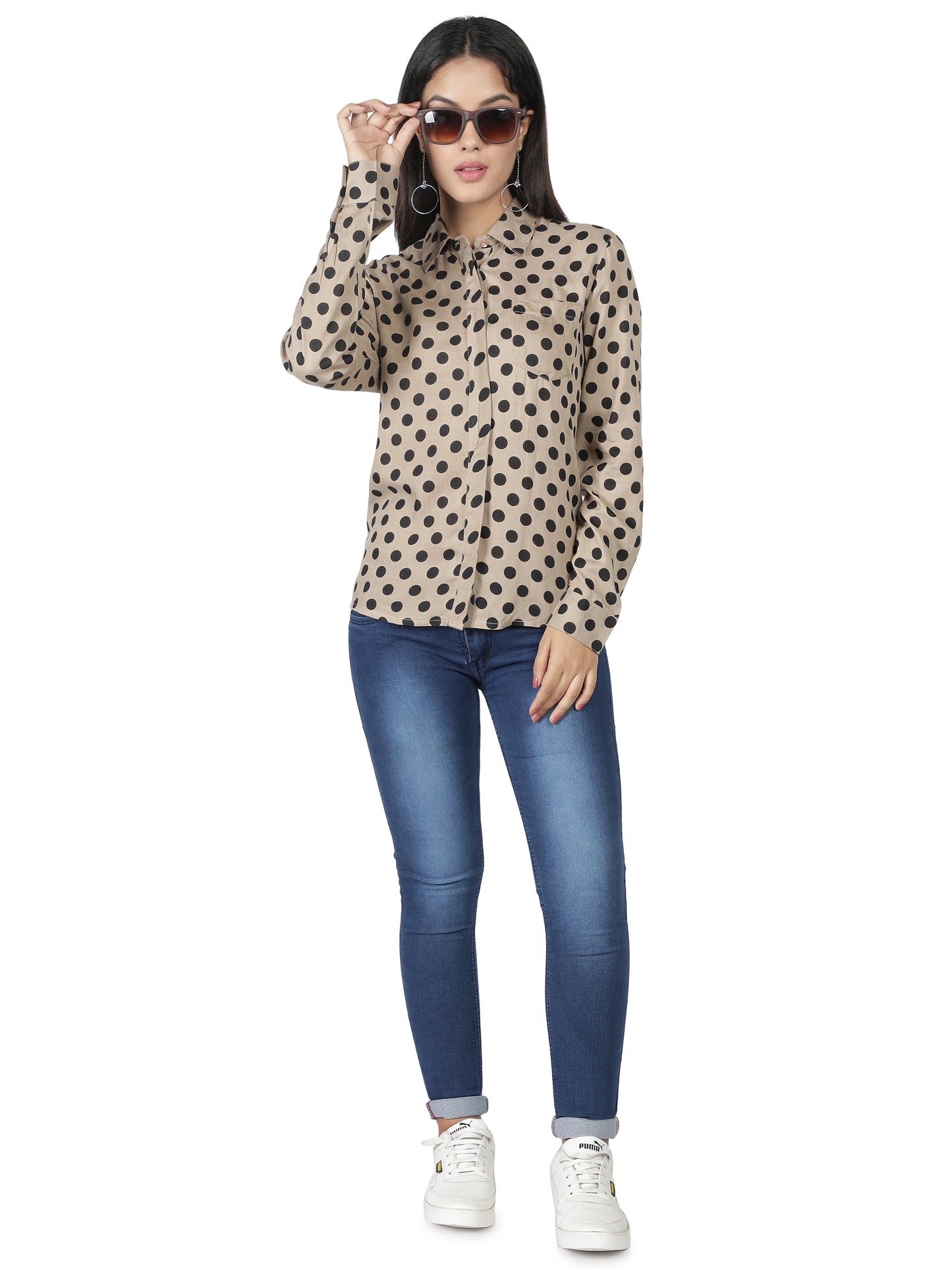 NUEVOSDAMAS Women Rayon Polka Printed Beige Shirt/Top
