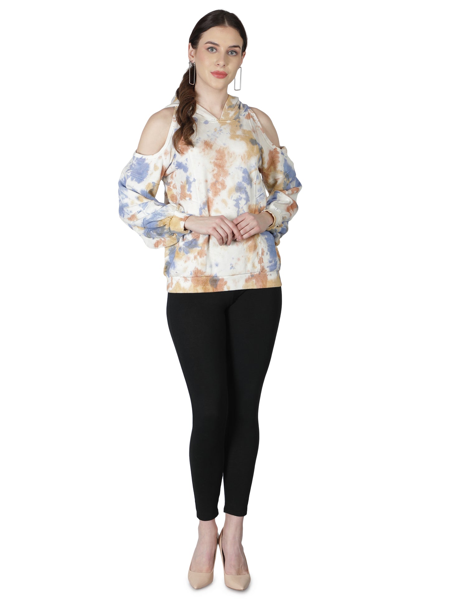 NUEVOSDAMAS Cotton Terry Tie & Dye Cold Shoulder Hooded Sweatshirt Beige/Multi